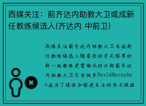 西媒关注：前齐达内助教大卫或成新任教练候选人(齐达内 中前卫)