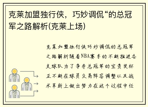 克莱加盟独行侠，巧妙调侃“的总冠军之路解析(克莱上场)