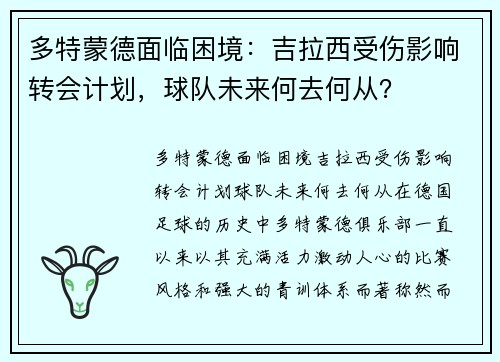 多特蒙德面临困境：吉拉西受伤影响转会计划，球队未来何去何从？