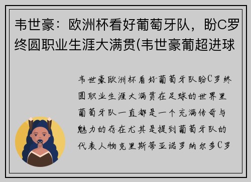 韦世豪：欧洲杯看好葡萄牙队，盼C罗终圆职业生涯大满贯(韦世豪葡超进球视频)